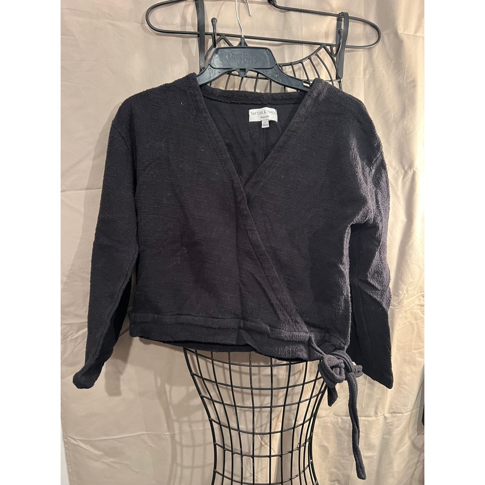 TEXTURE & THREAD Madewell Black Wrap Front Tie Waist Sweatshirt Top Size S
